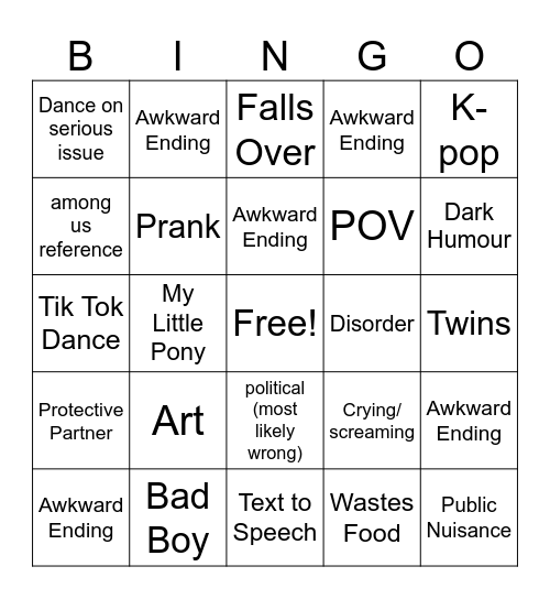 Cringe Tok Compilation Bingo Card