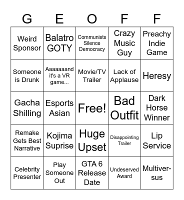 The Game Awards Bingo Card