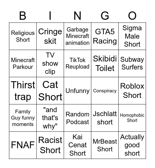 YouTube Shorts Bingo Card