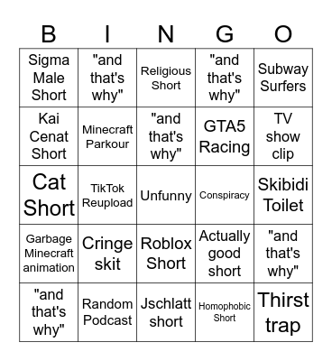 YouTube Shorts Bingo Card