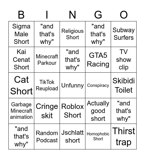 YouTube Shorts Bingo Card