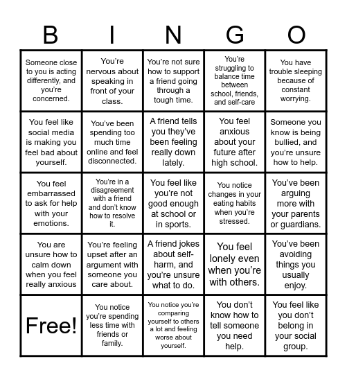 Mental Health Bingo Card