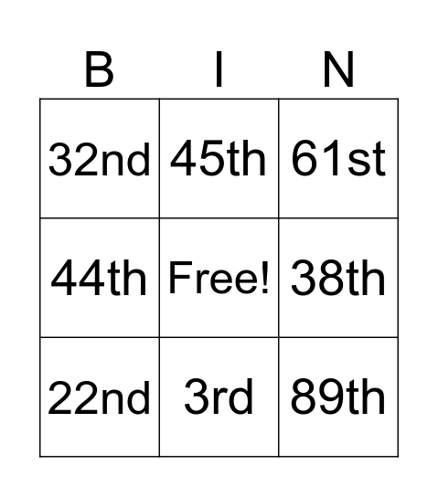 Ordinal Numbers Bingo Card