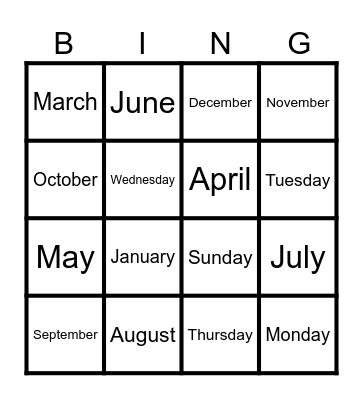 Days Months Bingo Card