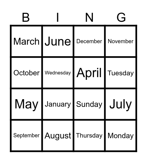 Days Months Bingo Card