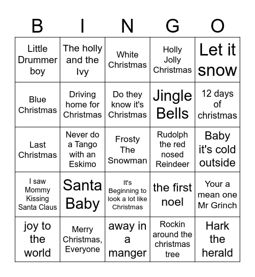 Christmas Song Bingo Card