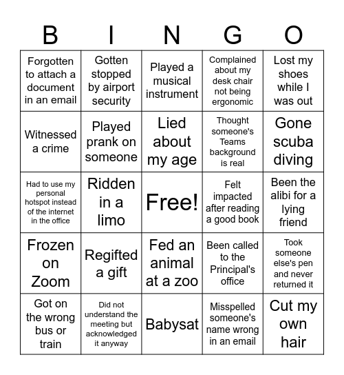 Fun Activity Bingo Card