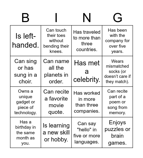 Get to know BINGO "Find someone who....." Bingo Card