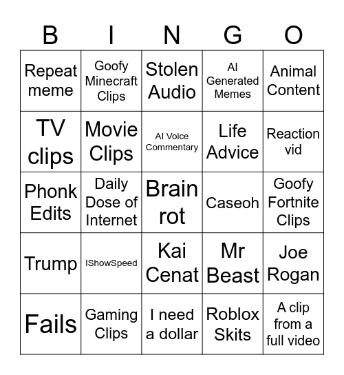 YT Shorts Bingo Card