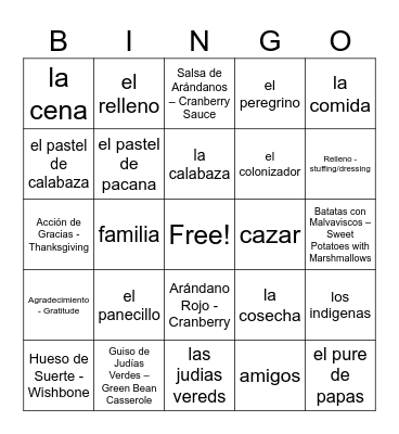 El Dia de Accion de Gracias Bingo Card