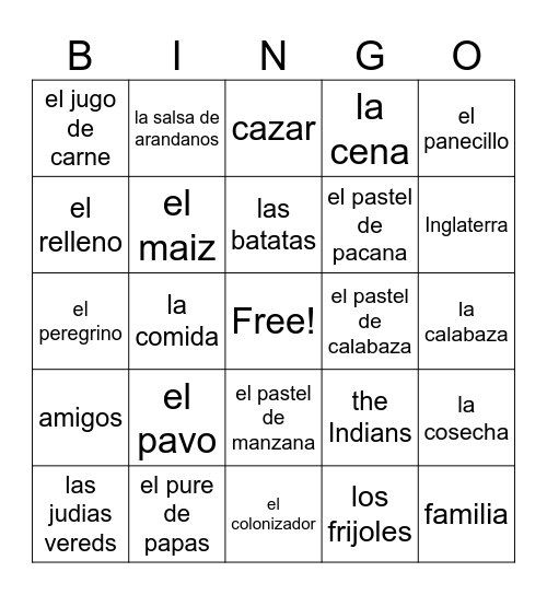 El Dia de Accion de Gracias Bingo Card