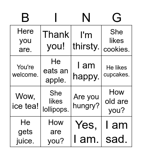 Grammar Bingo Card