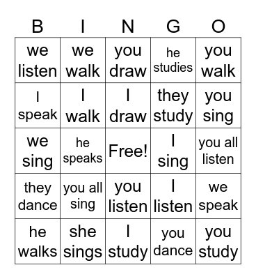 Ar Verbs Bingo Card