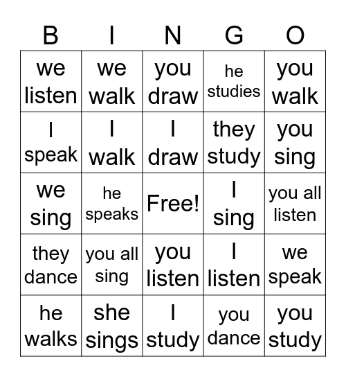 Ar Verbs Bingo Card