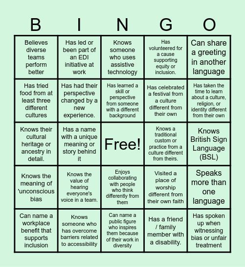 Diversity Connections Bingo Card