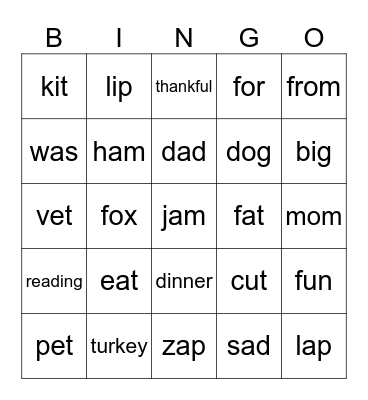 Thanksgiving & CVC Words Bingo Card