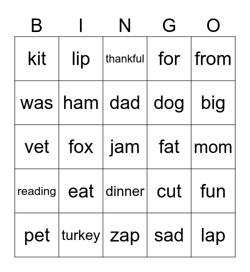 Thanksgiving & CVC Words Bingo Card