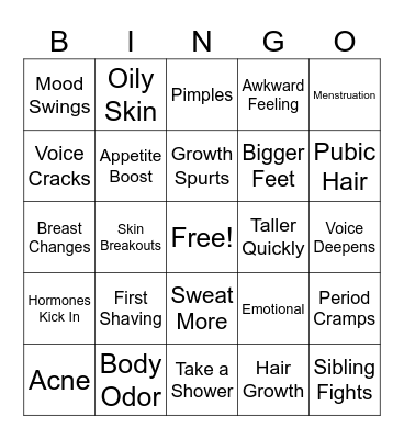 Puberty Bingo Card