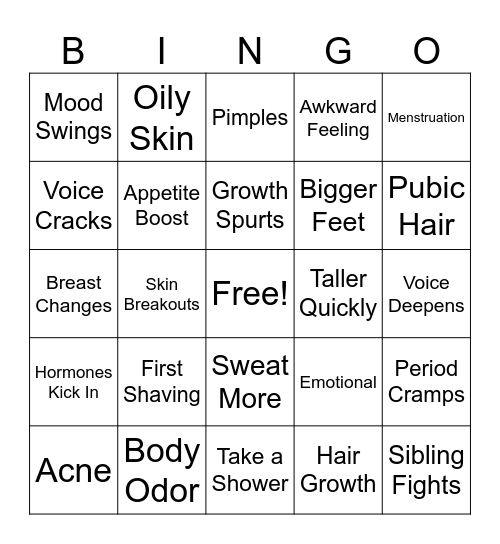 Puberty Bingo Card