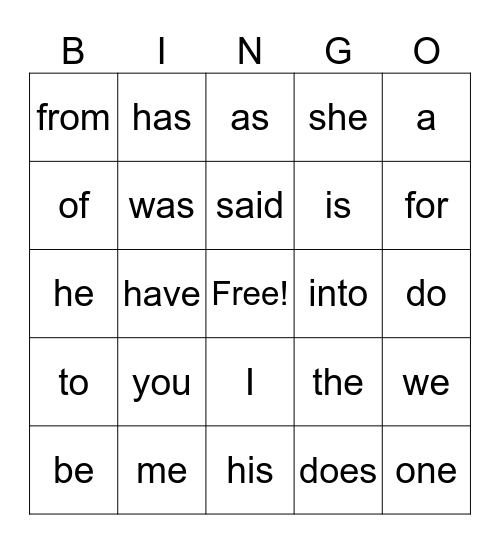 Trick Word Bingo Card