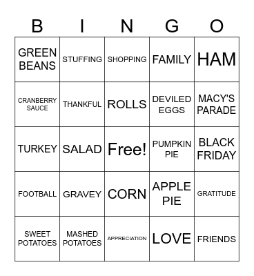 THANKGIVING BINGO Card
