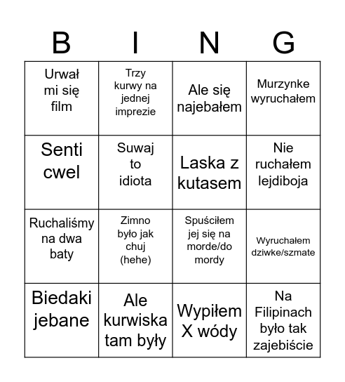 Wakacje Sebcia Bingo Card