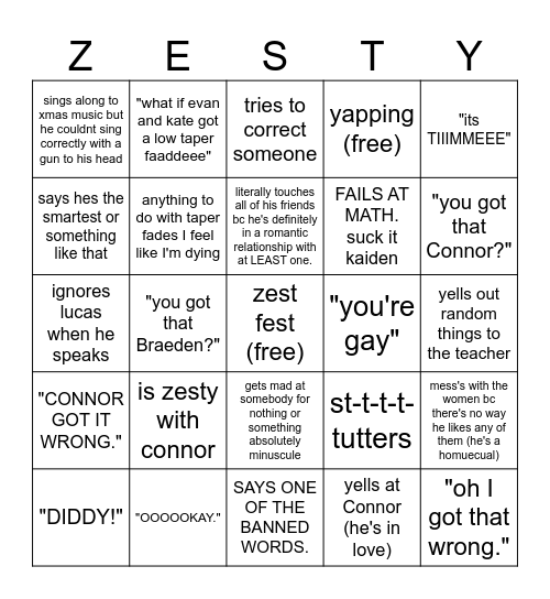 zest fest Bingo Card