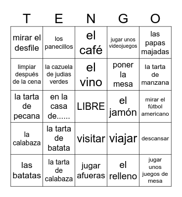 El Día de dar Gracias Bingo Card