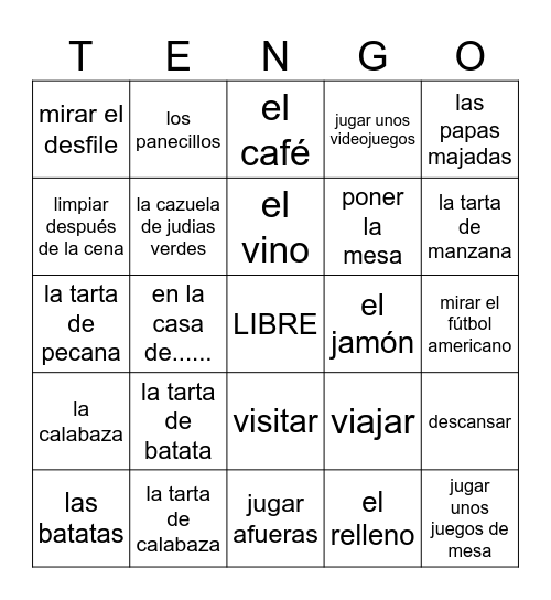 El Día de dar Gracias Bingo Card