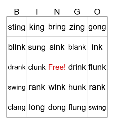 Welded Sounds  -ng  -nk Bingo Card