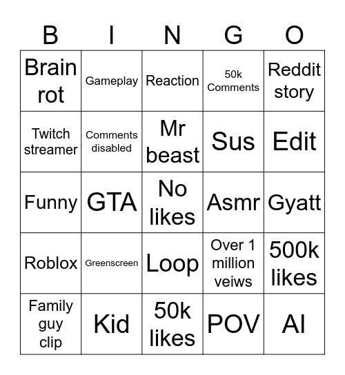 Youtube shorts Bingo Card