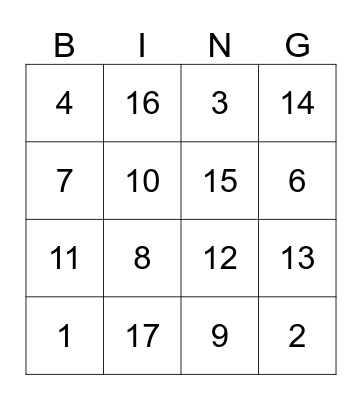 Number Bingo Card