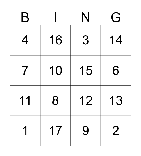 Number Bingo Card