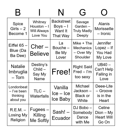 INNOVATORIUMs 90er Hits Bingo Card