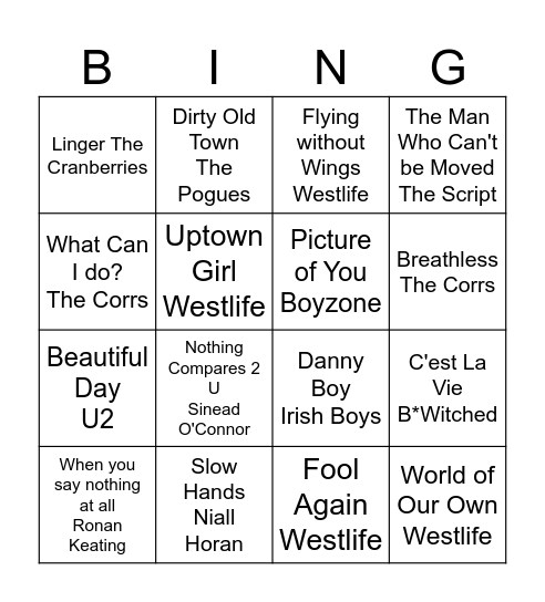 Irish Rock n Roll Bingo Card