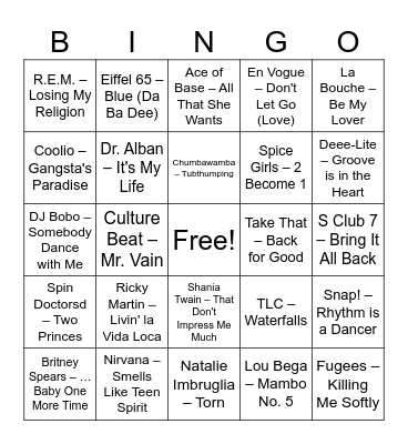 INNOVATORIUMs 90er Hits Bingo Card