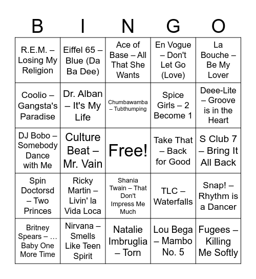 INNOVATORIUMs 90er Hits Bingo Card