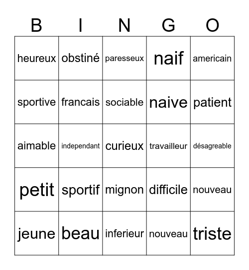 French Adjectives Bingo Card