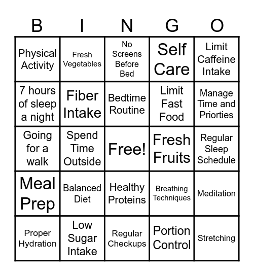 Healthy Lifestyle Bingo Card