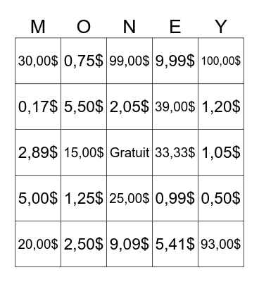 Money -French Bingo Card