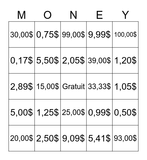 Money -French Bingo Card