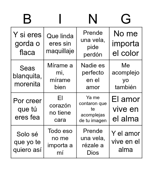 Corazon Sin Cara lyric bingo Card