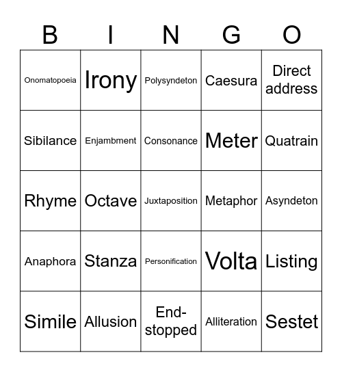 Poetic Terminology Bingo Card