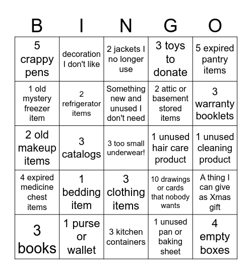 Clearing Bingo - Toss or Donate Bingo Card