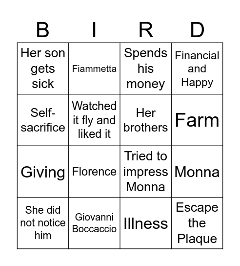 Federigo's Falcon Bingo Card