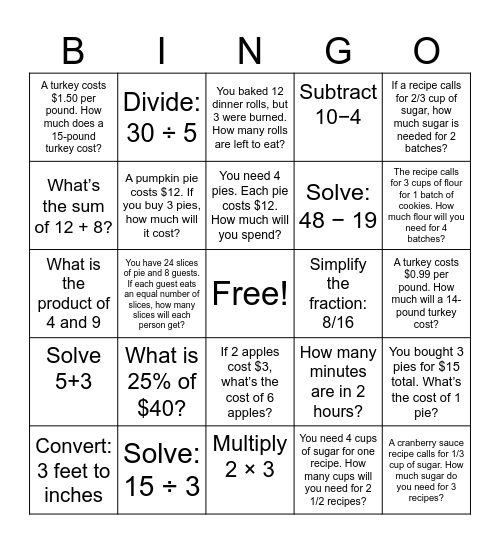 Turkey Bingo Card