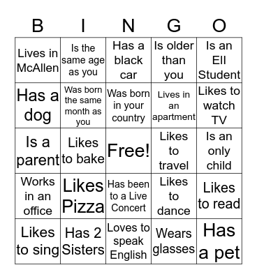 Getting To Know You Bingo Card