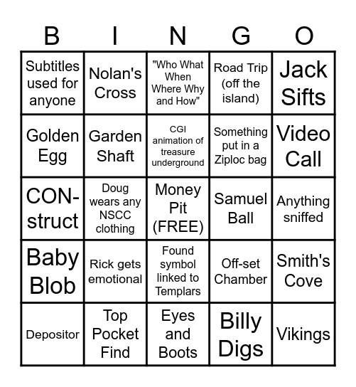 Curse of Oak Island Bingo Card