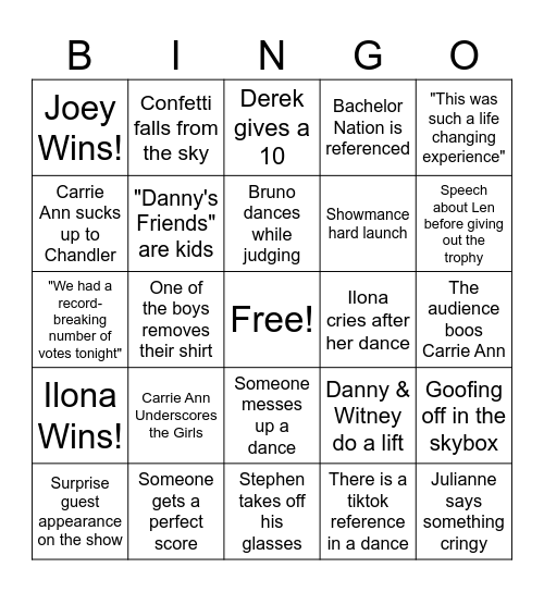 DWTS Finale Bingo Card