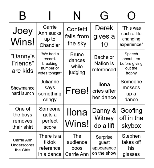 DWTS Finale Bingo Card